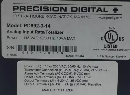 Precision Digital PD692-3-14 Analog Input Rate/Totalizer 