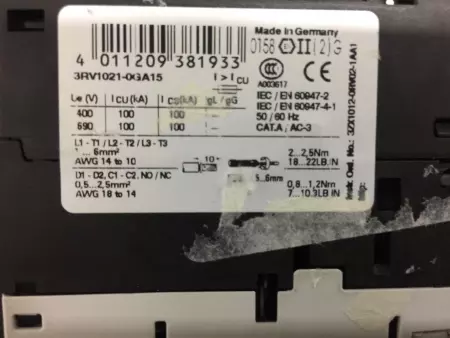 Siemens 3RV1021-0GA15 Motor Starter/Protector 0.45-0.63 Amp Range 