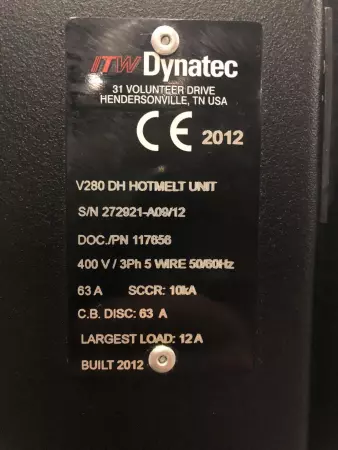 ITW Dynatec V280 DH Hot Melt Unit/ Glue Machine, Low Use 