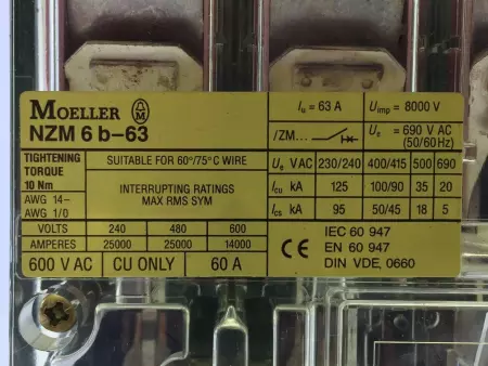 MOELLER NZM6B-63/ZM6A-40-NA CIRCUIT BREAKER 63A WITH THERMAL MAGNETIC TRIP TESTED 