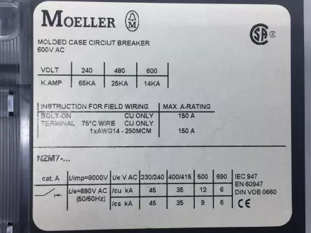 Moeller NZM7-40N-NA 40 Amp - 480V - 50/60HZ Circuit Breaker 
