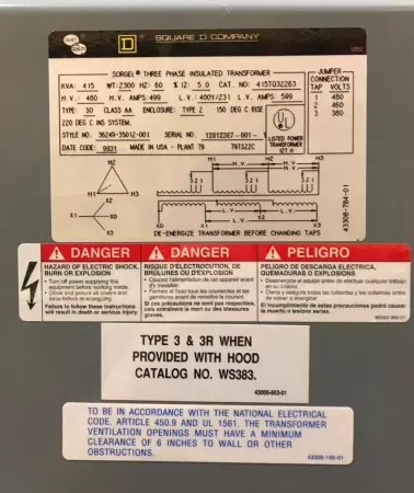 Square D 415TQ32263 3-Phase Insulated Low Voltage Transformer 415kVA 