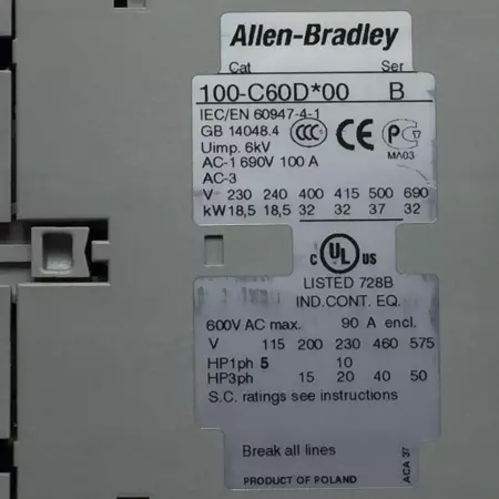 Allen-Bradley 100-C60D*00 SER.B Contactor, 690V 60Amp, 24VDC Coil 