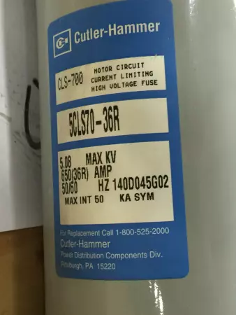 Cutler-Hammer 5CLS70-36R Double Barrel High Voltage Fuse, 5.08kV 650A 