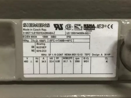 Siemens 1LE15231EA290AB4-Z Simotics SD AC Motor, 30HP/22.4kW 