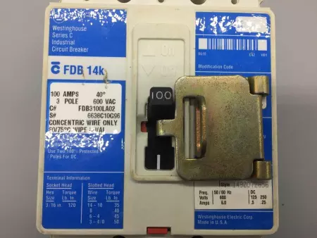 Westinghouse FDB3100LA02 3-Pole Circuit Breaker 600V 100Amp 
