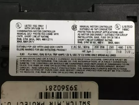 Siemens 3RV1021-0GA15 Motor Starter/Protector 0.45-0.63 Amp Range 