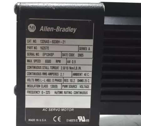Allen Bradley 1326AS-B330H-21 Servo Motor, 0.9kW Frame 75mm 