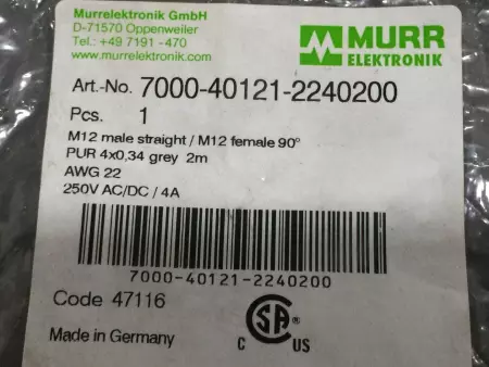 NEW Murrelektronik 7000-40121-2240200 Sensor Cable 250V AC/DC, 4Amp 