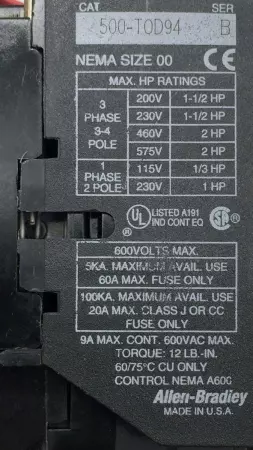 Allen-Bradley 505-TOXD-103 Full Voltage Reversing Starter 600VAC 