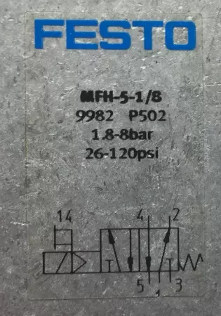  FESTO MFH-5-1/8 AIR SOLENOID VALVE 500L/MIN G1/8 #9982 TESTED 