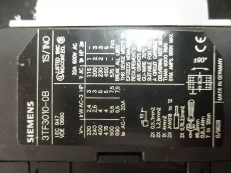  Siemens 3TF-3010-0B Contactor 20Amp 600VAC 