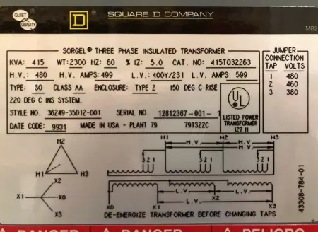 Square D 415TQ32263 3-Phase Insulated Low Voltage Transformer 415kVA 