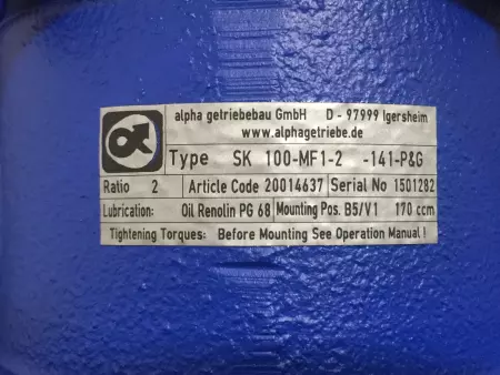 Alpha Wittenstein SK100-MF1-2 Right Angle Gear Box, Ratio 2:1 