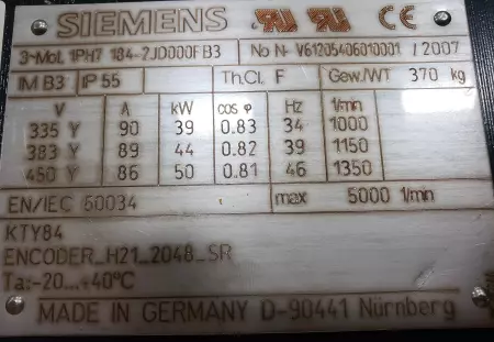 Siemens 1PH7184-2JD000FB3 AC Induction Motor 50kW W/Ziehl-Abegg 131510 Fan 