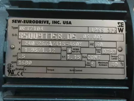 Sew-Eurodrive DFT71D4 Gearmotor 0.5HP W/SA57DT71D4 S-E Gearbox, Ratio 100.73:1 