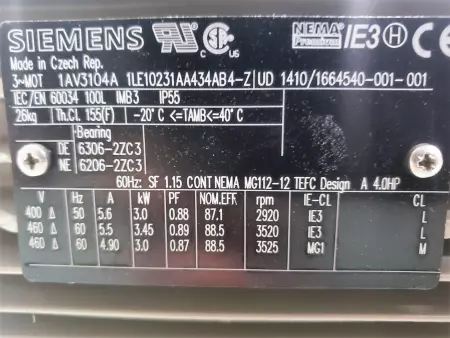 Siemens 1LE10231AA434AB4-Z Simotics GP AC Motor, 4HP/3.45kW 