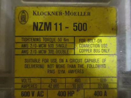 Klockner-Moeller ZM11-350-CNA Circuit Breaker, 600 VAC, 400HP, 400A 