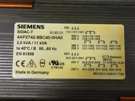 Siemens 4AP2742-8BC40-0HA0 SIDAC-T Transformer 2.5kVA/11kVA 
