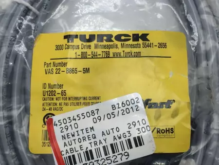 TURCK VAS 22-B865-5M VFAST CORDSET 5M 24-48VAC/DC # U1202-65 