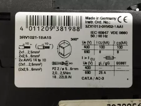 Siemens 3RV1021-1BA15 Motor Controller 1.4-2 Amp 